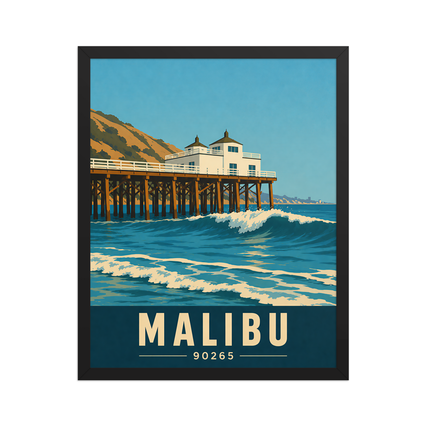 Framed Malibu oceanfront pier and waves poster with 90265 zip code