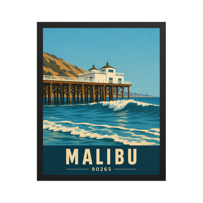 Framed Malibu oceanfront pier and waves poster with 90265 zip code