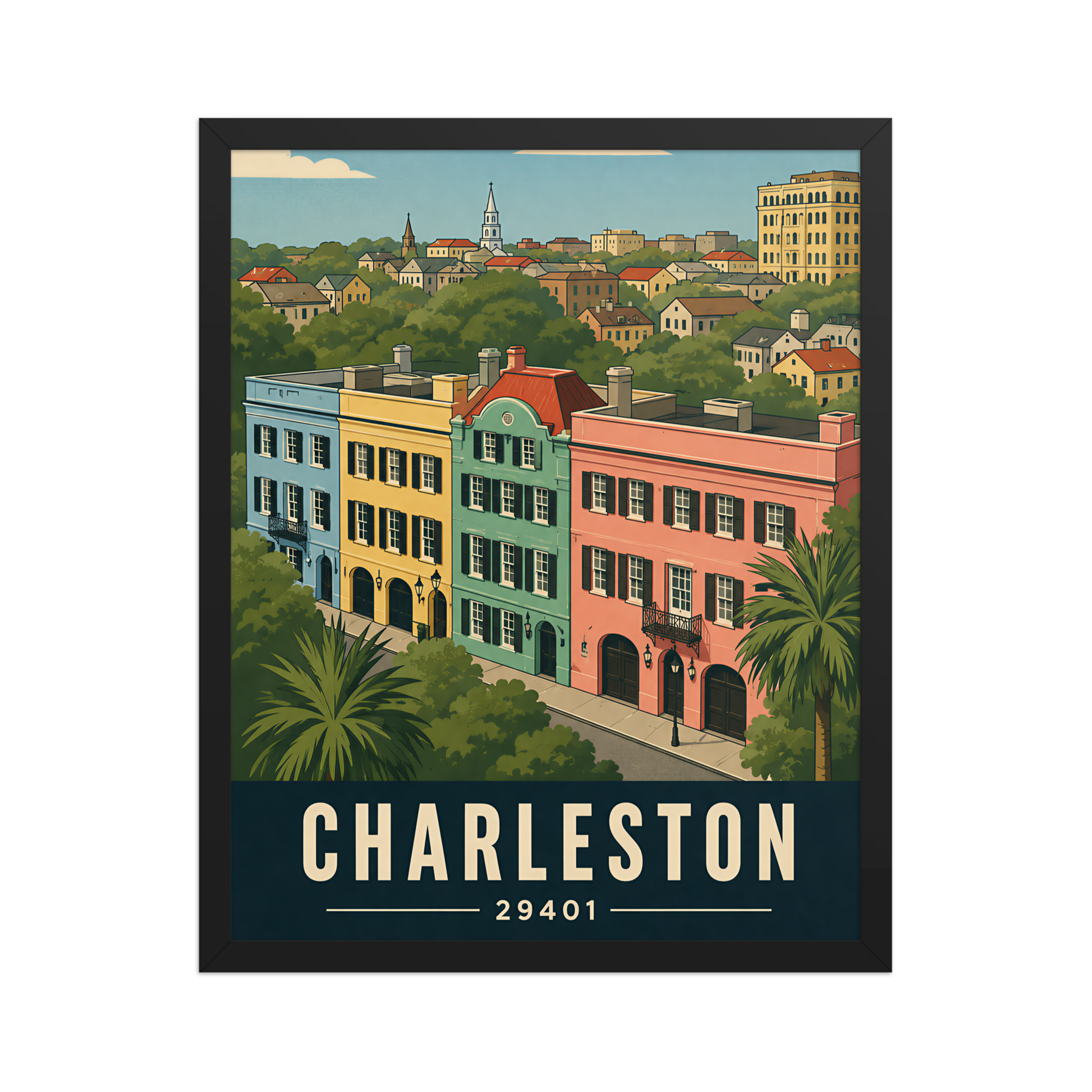 Framed Rainbow Row Charleston historic homes poster with 29401 zip code