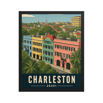 Framed Rainbow Row Charleston historic homes poster with 29401 zip code