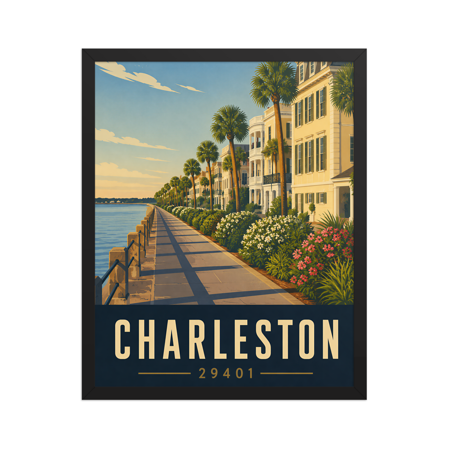 Framed Charleston The Battery waterfront poster with 29401 zip code
