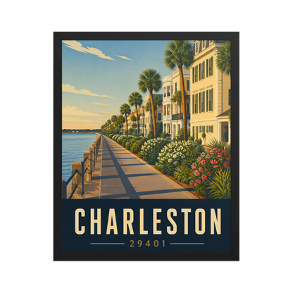 Framed Charleston The Battery waterfront poster with 29401 zip code