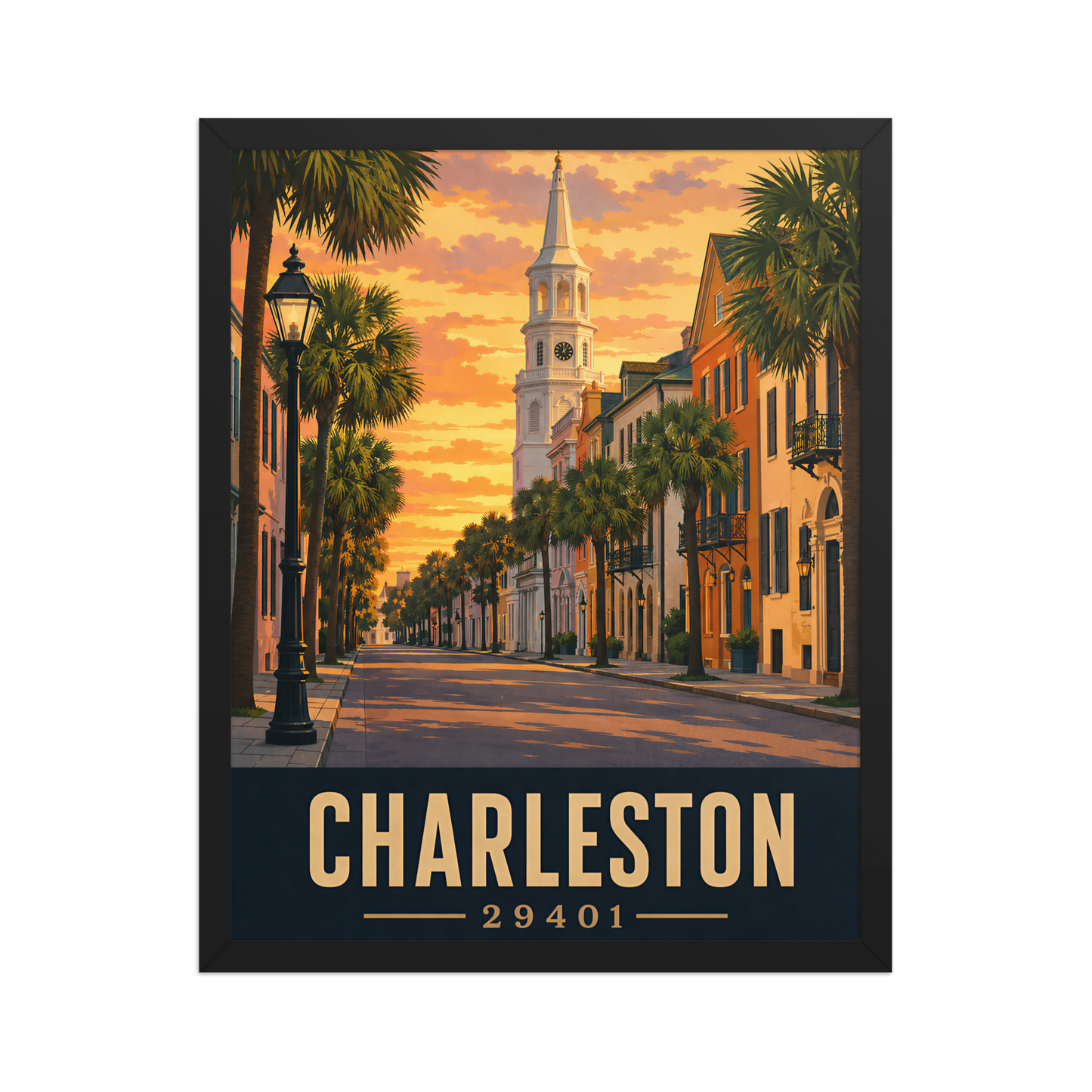 Framed Charleston church steeple sunset poster with 29401 zip code