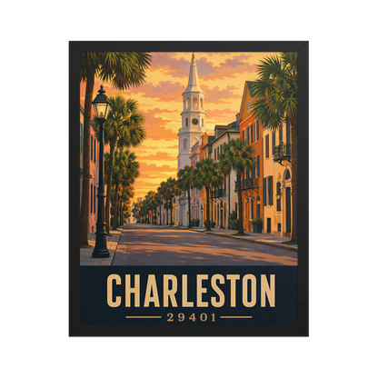 Framed Charleston church steeple sunset poster with 29401 zip code