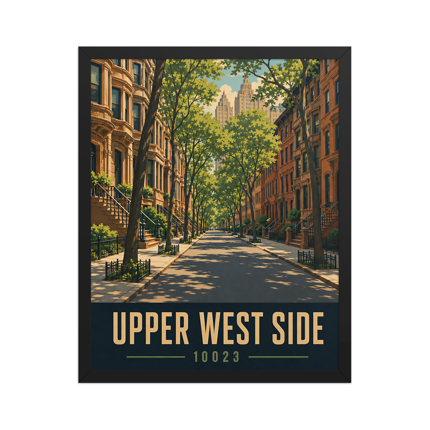 Framed Upper West Side brownstone street poster with 10023 zip code