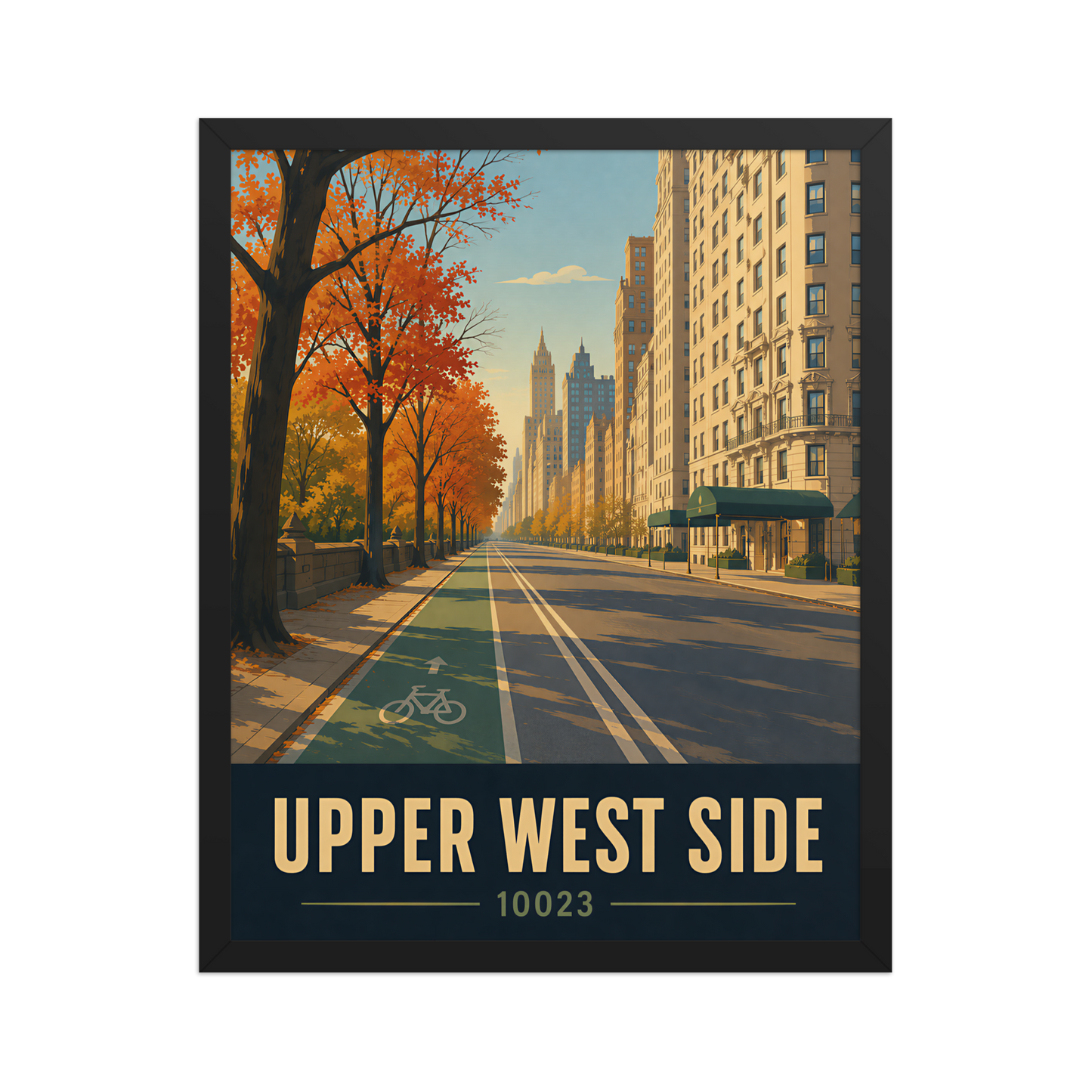 Framed Central Park West autumn poster with 10023 zip code