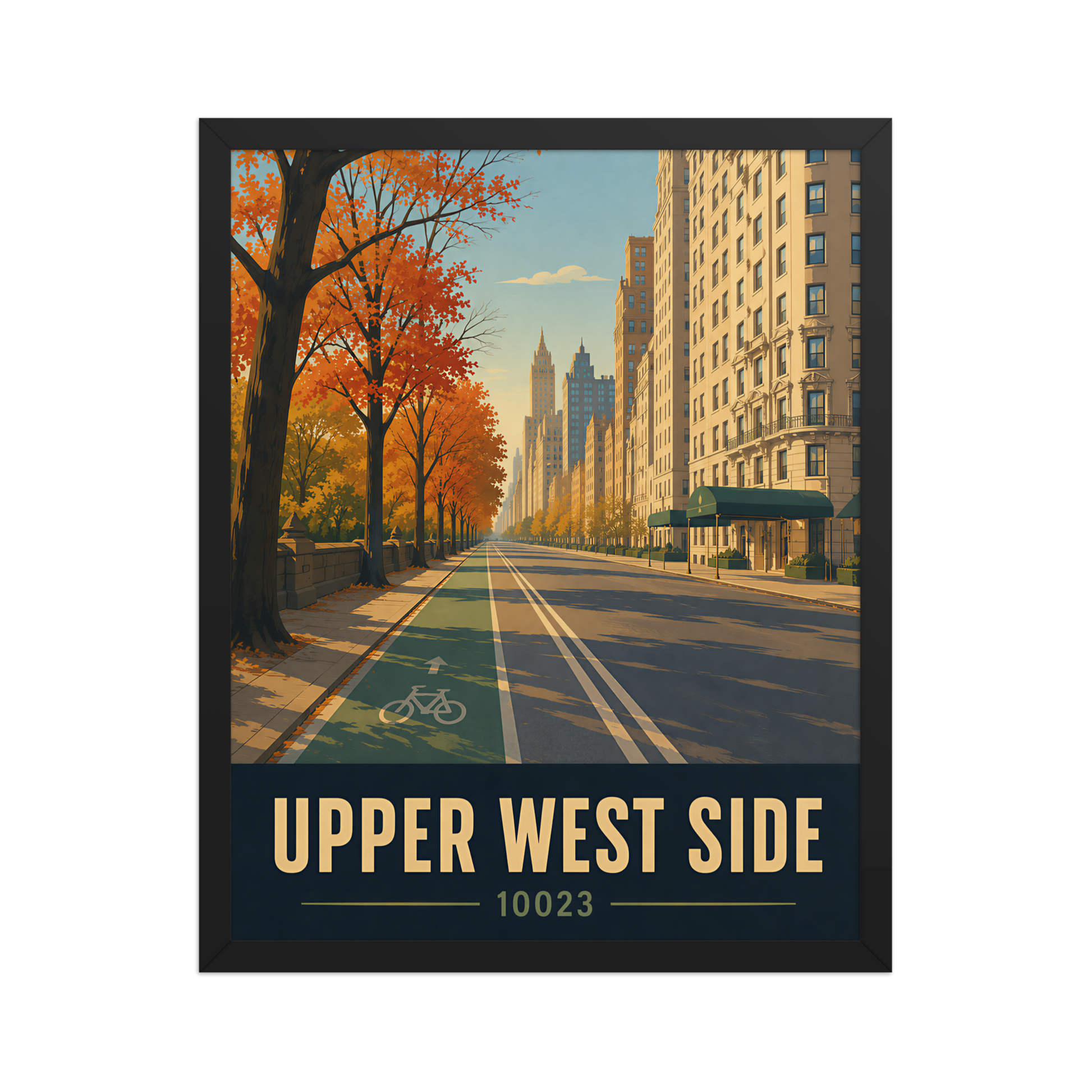 Framed Central Park West autumn poster with 10023 zip code