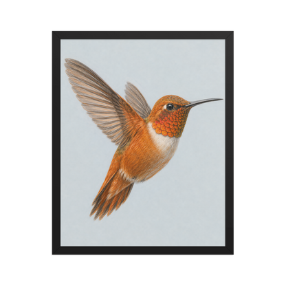 Framed Rufous hummingbird colored pencil illustration print on dusty blue pastel background, wood frame wall art