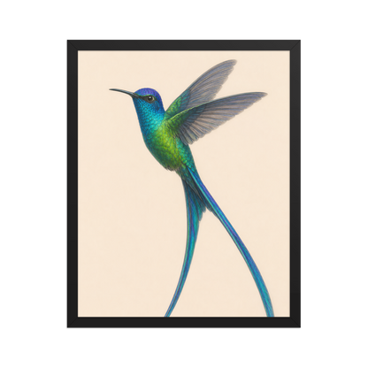 Framed Long-tailed Sylph hummingbird colored pencil illustration print, teal iridescent plumage on warm cream background, wood frame wall art