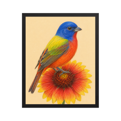 Framed Painted Bunting colored pencil illustration on Indian Blanket flower, wood frame wall art