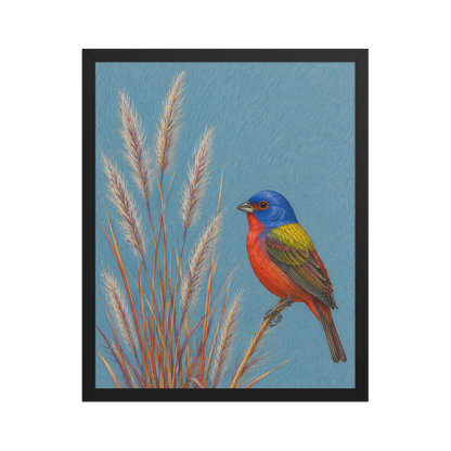 Framed Painted Bunting colored pencil illustration in prairie grass, dusty blue background, wood frame wall art