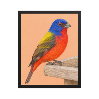 Framed Painted Bunting colored pencil illustration on wooden feeder, apricot background, wood frame wall art