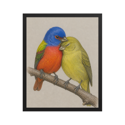 Framed male and female Painted Bunting pair colored pencil illustration, wood frame wall art