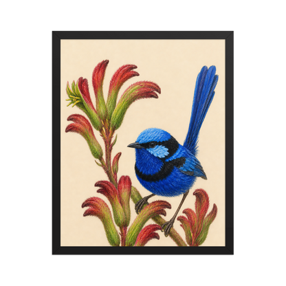 Framed Splendid Fairywren blue wren colored pencil illustration on Kangaroo Paw flowers, wood frame wall art