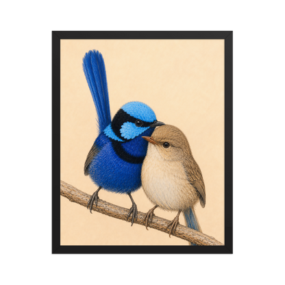 Framed male and female Splendid Fairywren blue wren pair colored pencil illustration, wood frame wall art