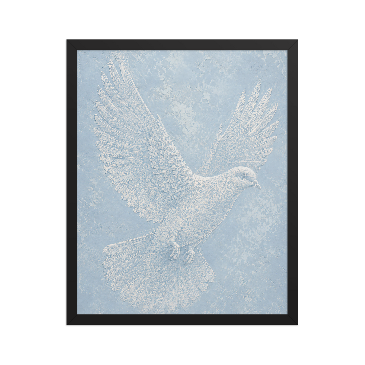 Framed peace dove print with embossed relief-look design on dusty blue textured background