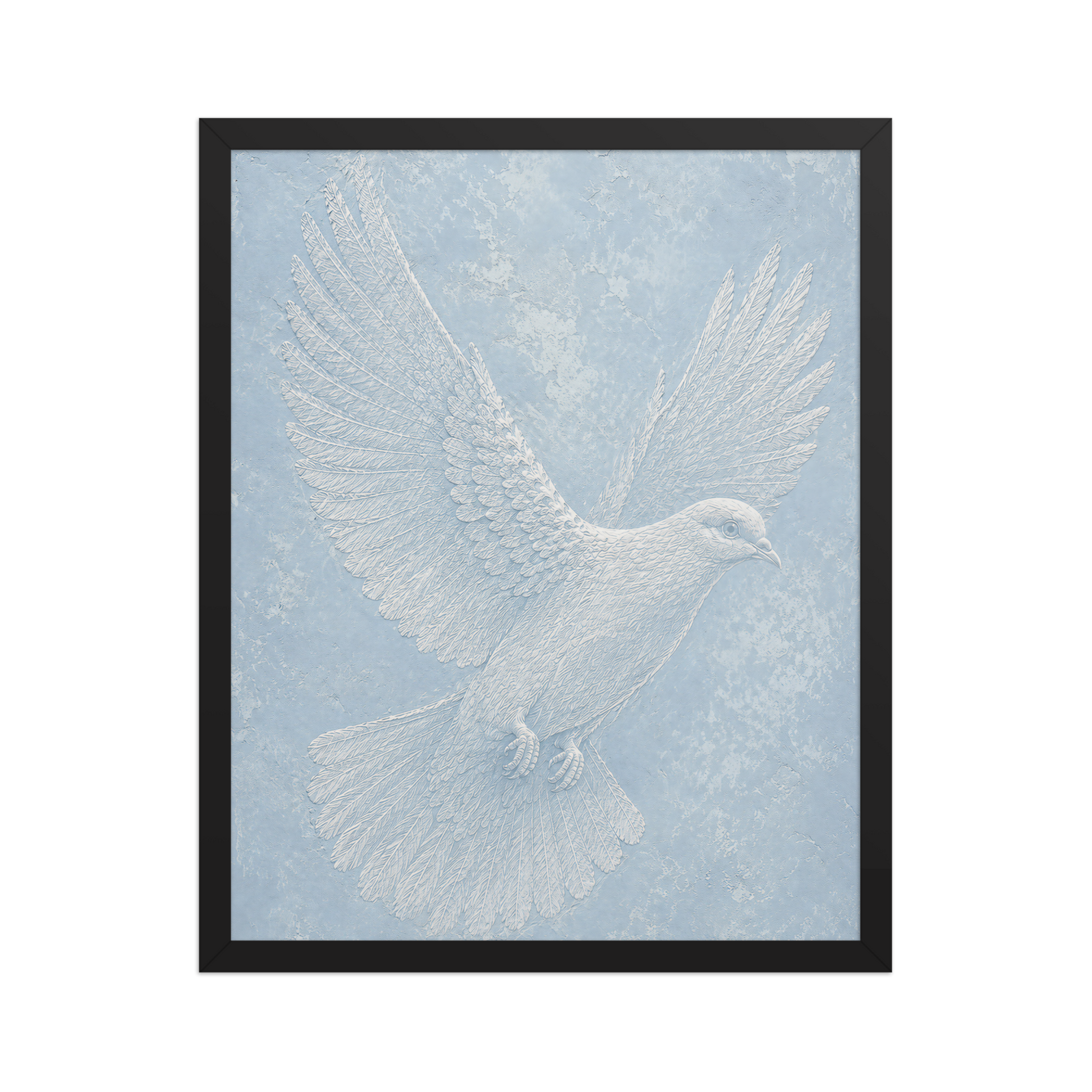 Framed peace dove print with embossed relief-look design on dusty blue textured background