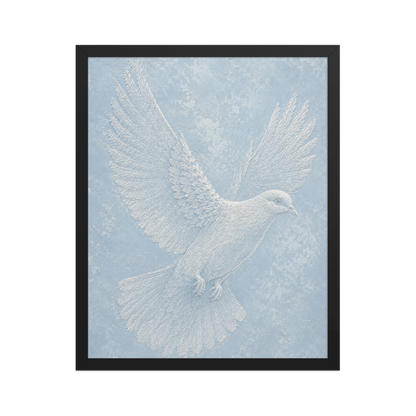Framed peace dove print with embossed relief-look design on dusty blue textured background