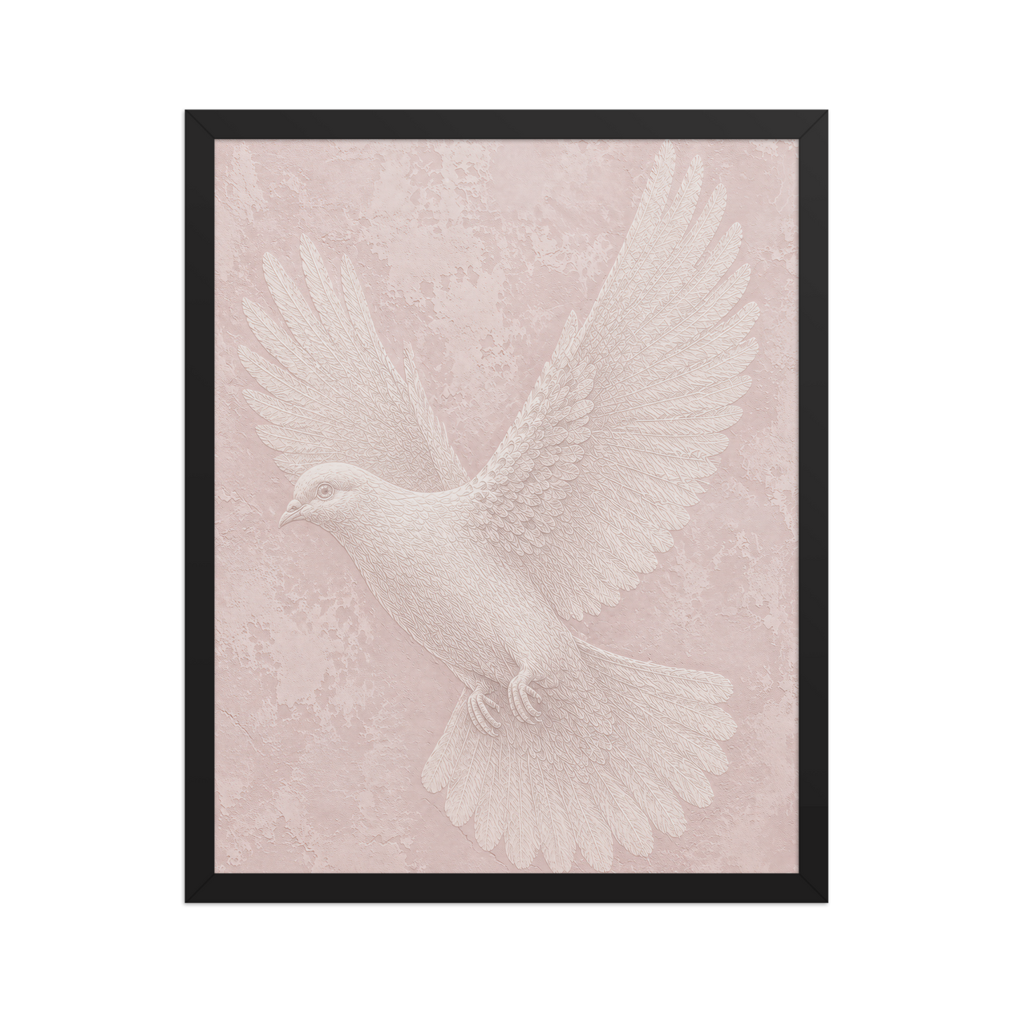 Framed peace dove print with embossed relief-look design on blush pink textured background