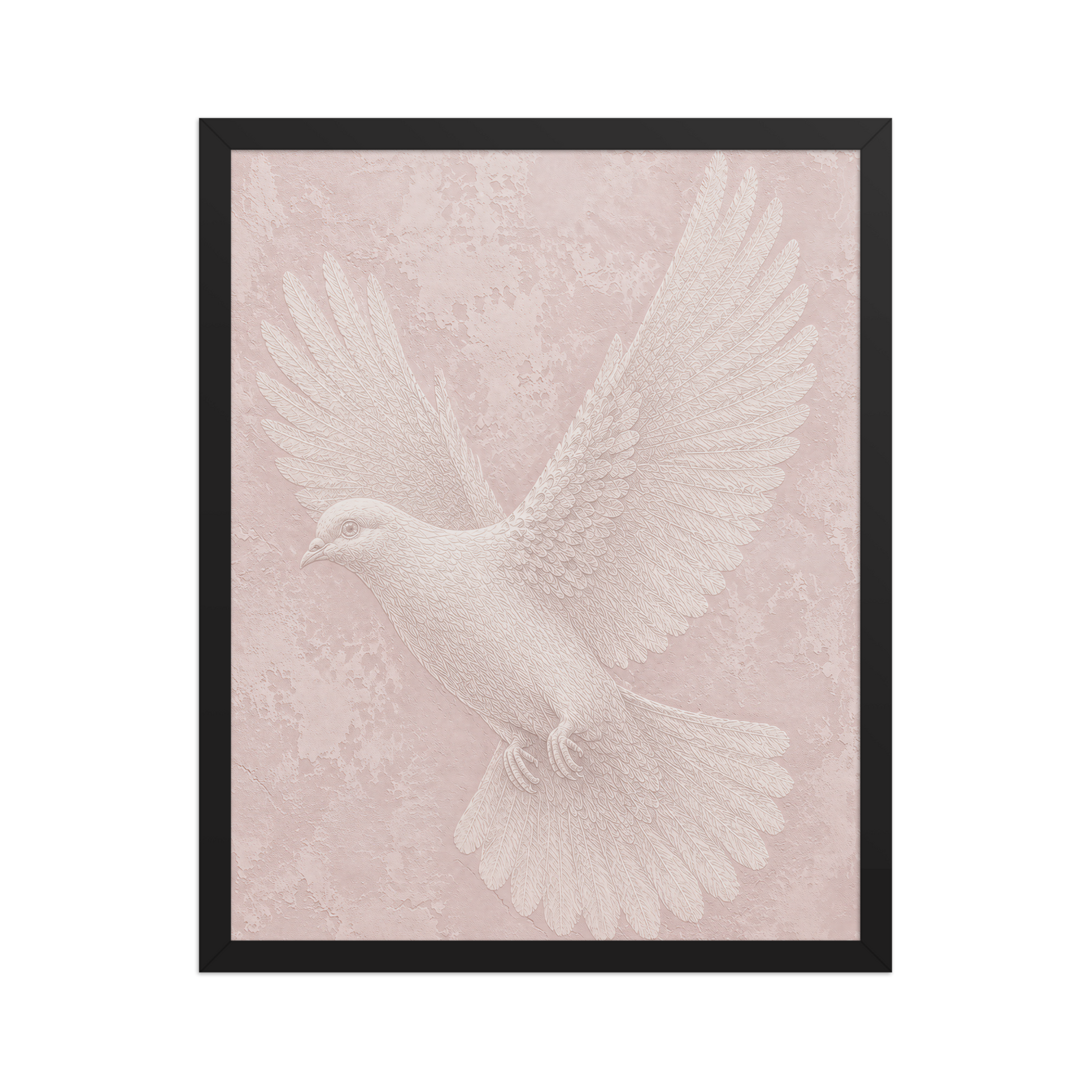 Framed peace dove print with embossed relief-look design on blush pink textured background