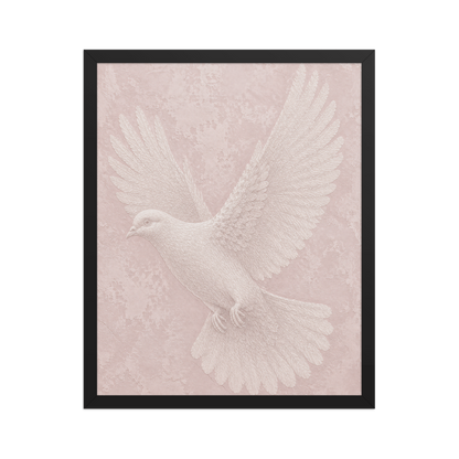 Framed peace dove print with embossed relief-look design on blush pink textured background