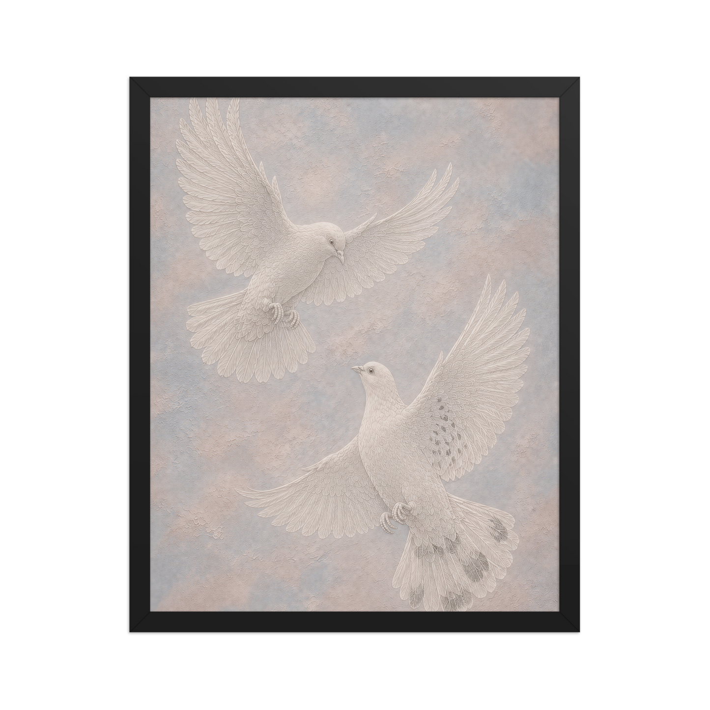 Framed two peace doves print with embossed relief-look design on dusty blue and blush textured background