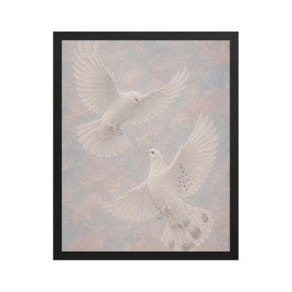 Framed two peace doves print with embossed relief-look design on dusty blue and blush textured background