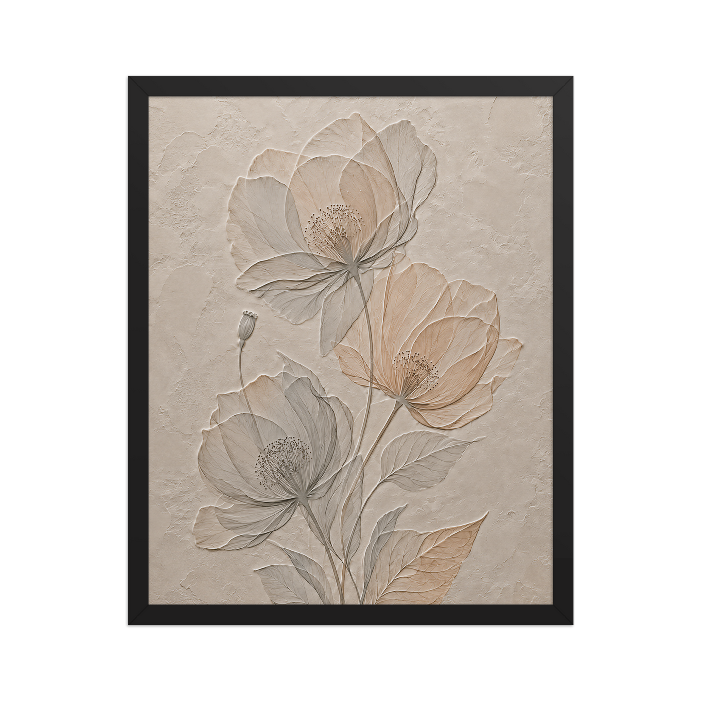 Framed wildflower bouquet print with embossed relief-look design on neutral beige textured background