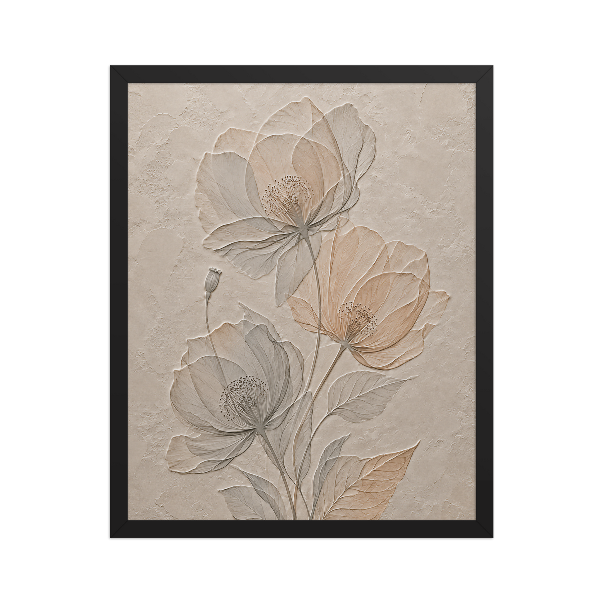 Framed wildflower bouquet print with embossed relief-look design on neutral beige textured background