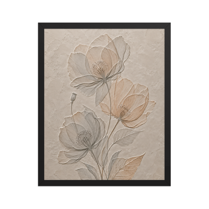 Framed wildflower bouquet print with embossed relief-look design on neutral beige textured background