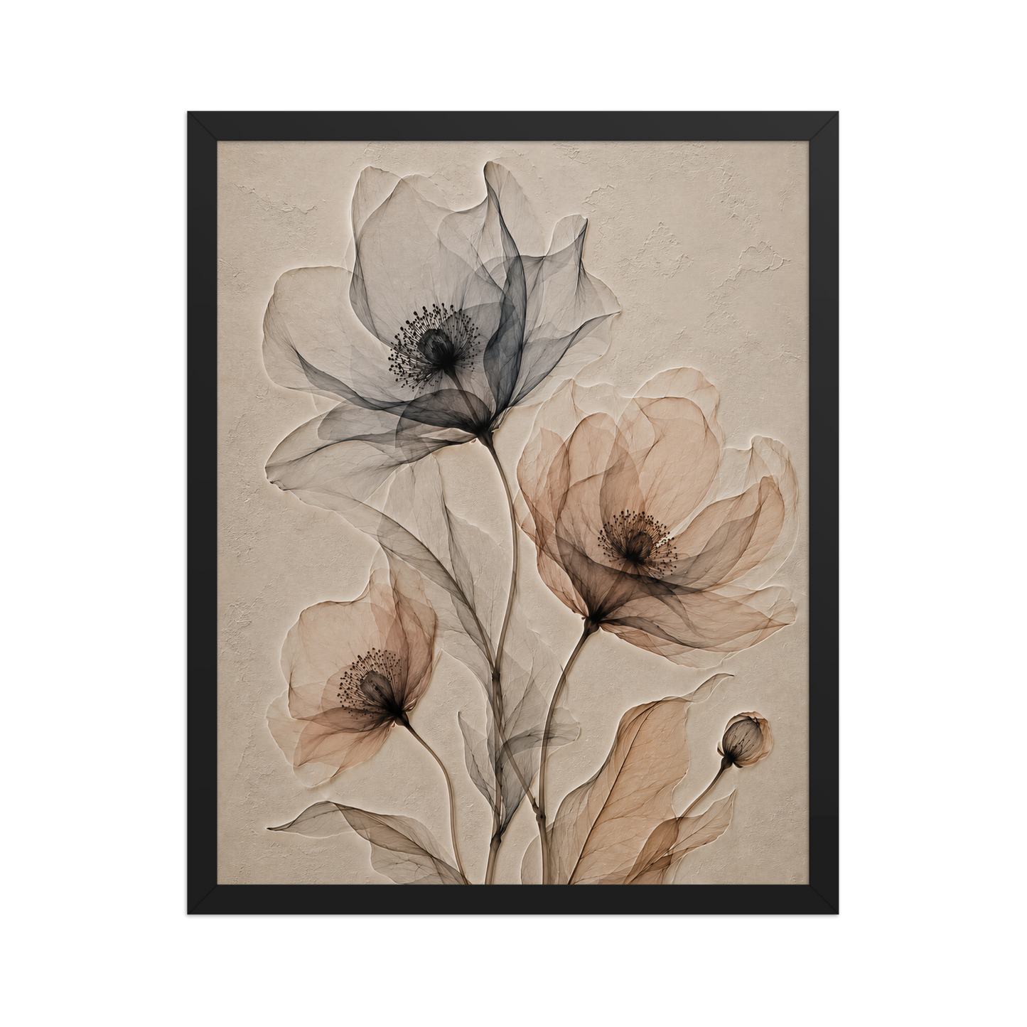 Framed wildflower trio print with embossed relief-look design in charcoal and clay tones on beige textured background