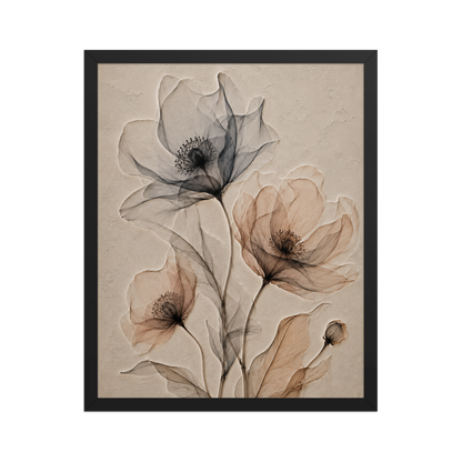 Framed wildflower trio print with embossed relief-look design in charcoal and clay tones on beige textured background