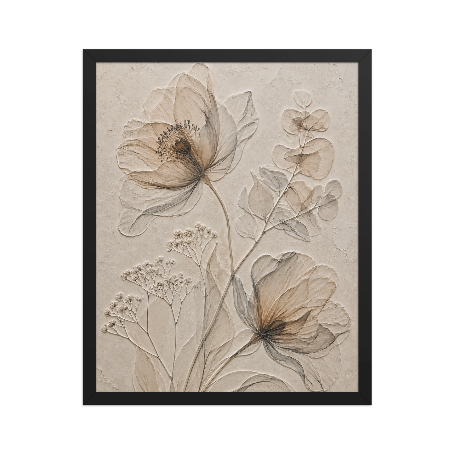 Framed botanical study print with embossed relief-look design in warm sepia tones on beige textured background