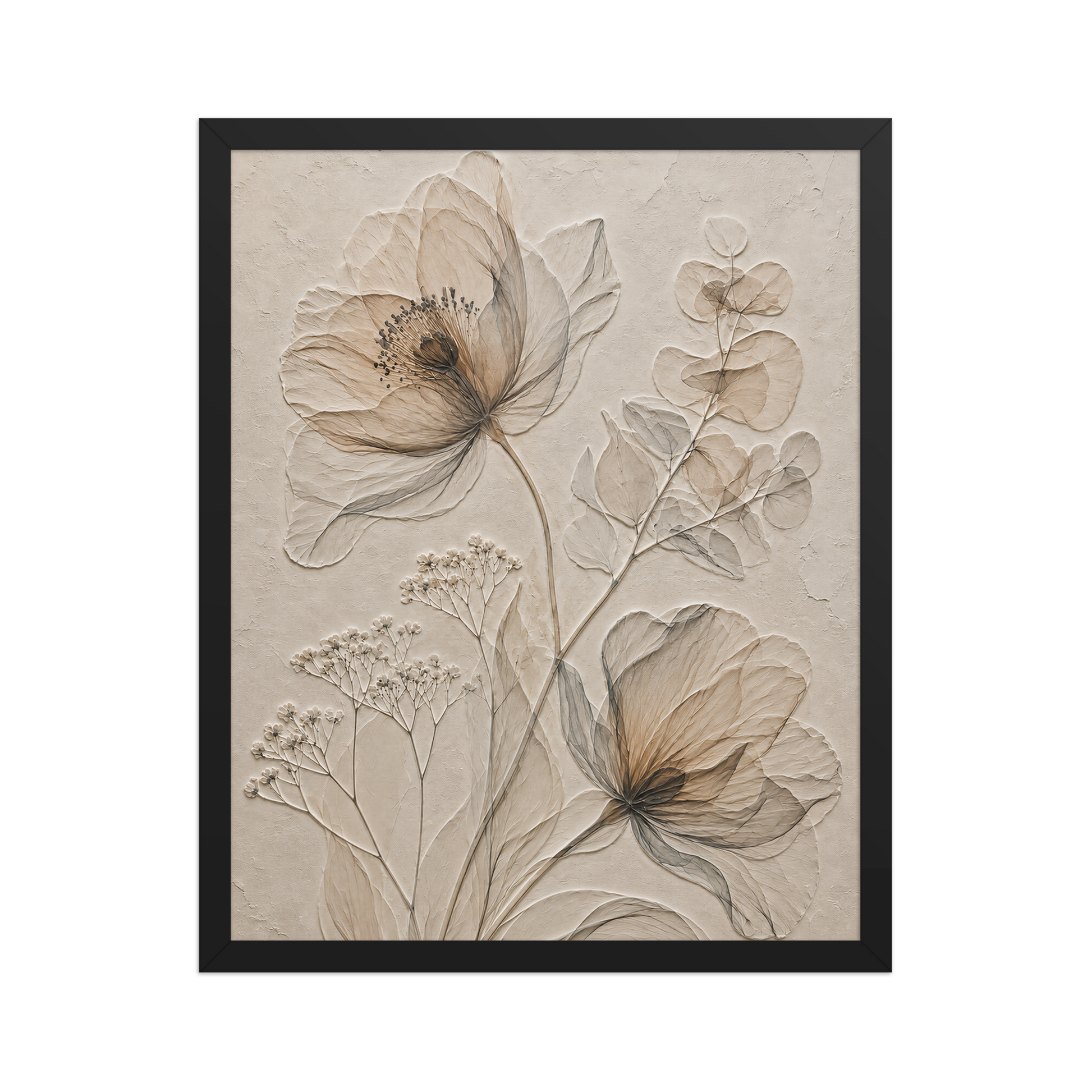 Framed botanical study print with embossed relief-look design in warm sepia tones on beige textured background