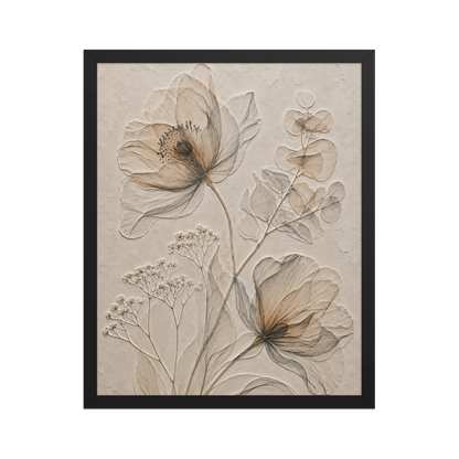 Framed botanical study print with embossed relief-look design in warm sepia tones on beige textured background
