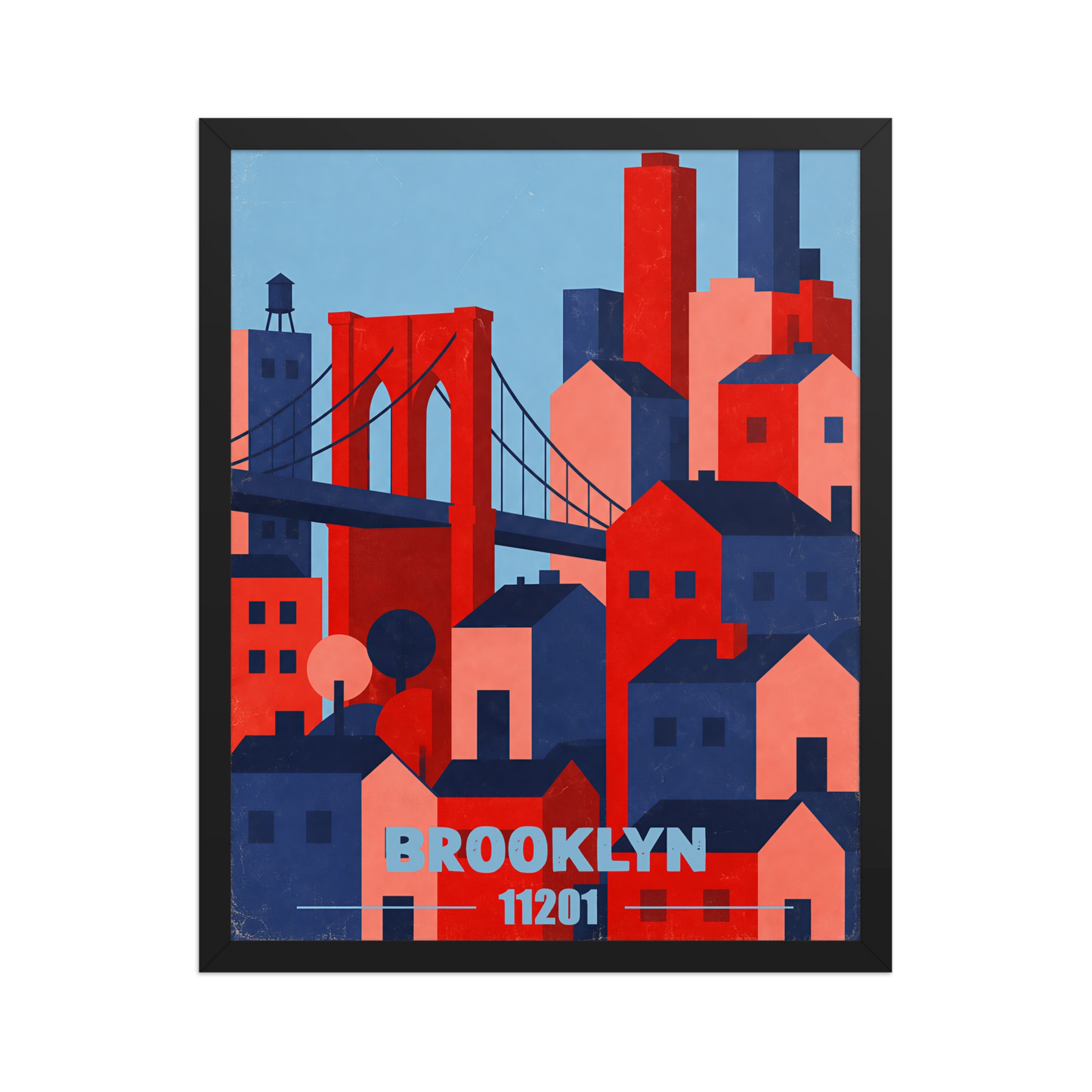 Framed Brooklyn Bridge retro travel poster, 11201 zip code wall art