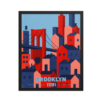 Framed Brooklyn Bridge retro travel poster, 11201 zip code wall art