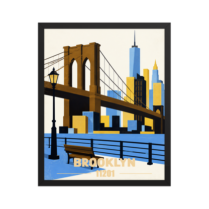 Framed Brooklyn Heights Promenade retro travel poster, 11201 zip code wall art