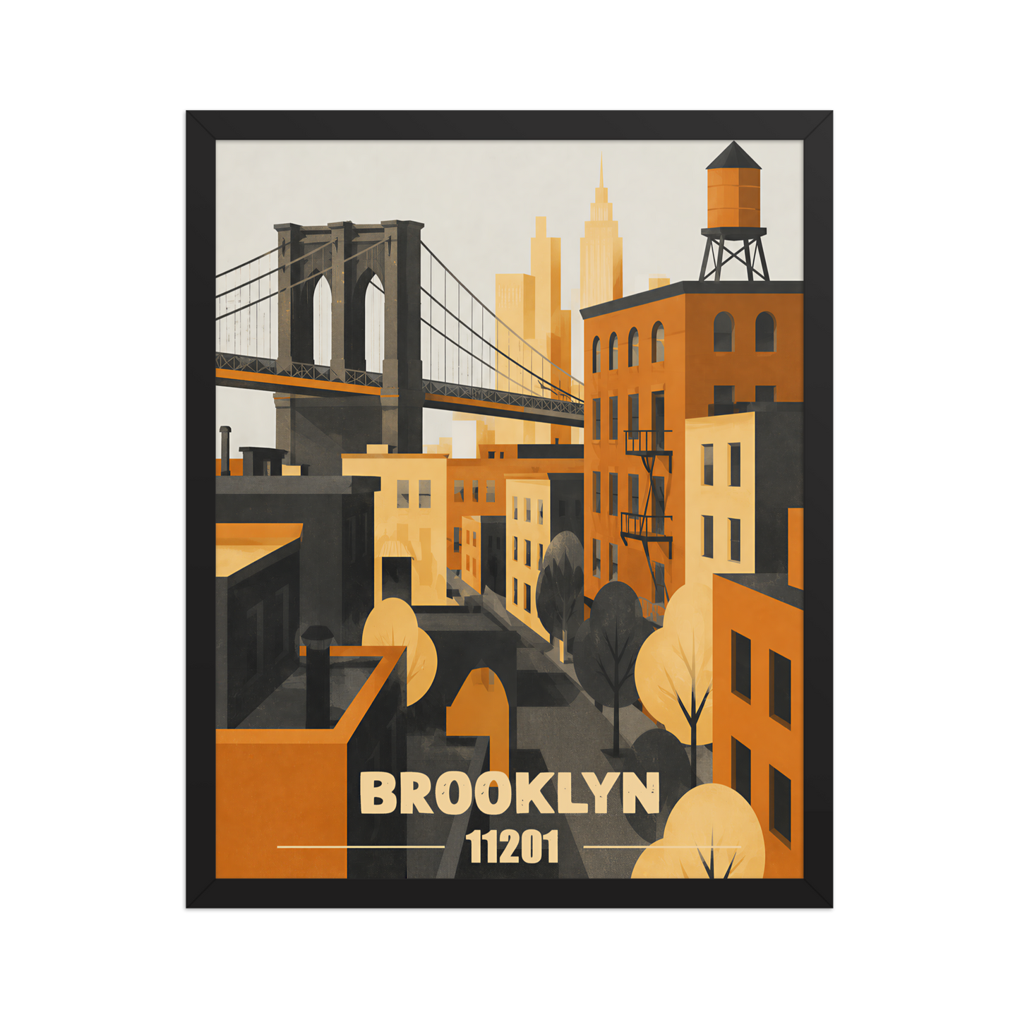 Framed Brooklyn fire escape retro travel poster, 11201 zip code wall art