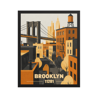 Framed Brooklyn fire escape retro travel poster, 11201 zip code wall art