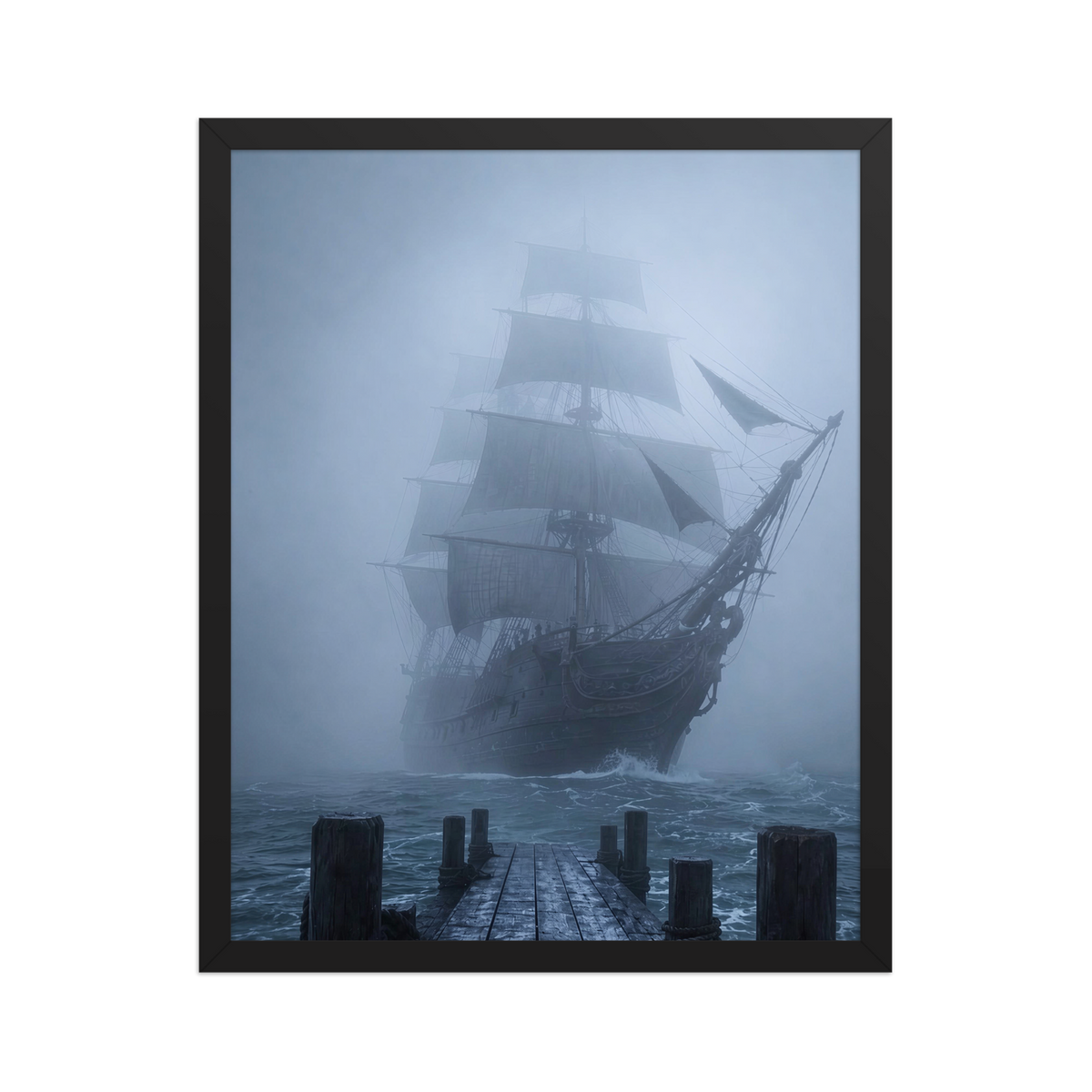 Ghost ship emerging from fog at dawn, dark moody framed wall art print ready to hang, JMTR Jeometry Store