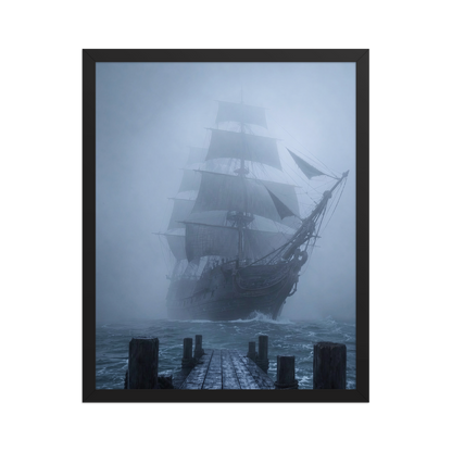 Ghost ship emerging from fog at dawn, dark moody framed wall art print ready to hang, JMTR Jeometry Store