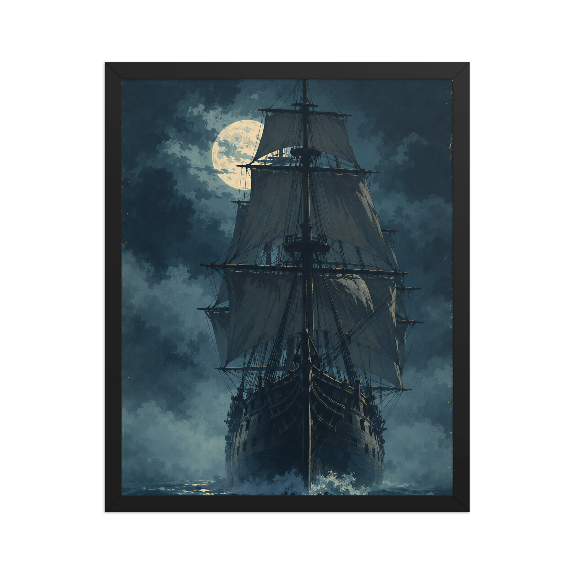 Tall ship sailing under full moon at night, vintage atmospheric nautical framed wall art print ready to hang, JMTR Jeometry Store