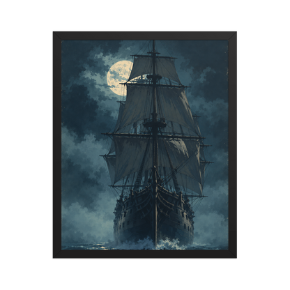 Tall ship sailing under full moon at night, vintage atmospheric nautical framed wall art print ready to hang, JMTR Jeometry Store