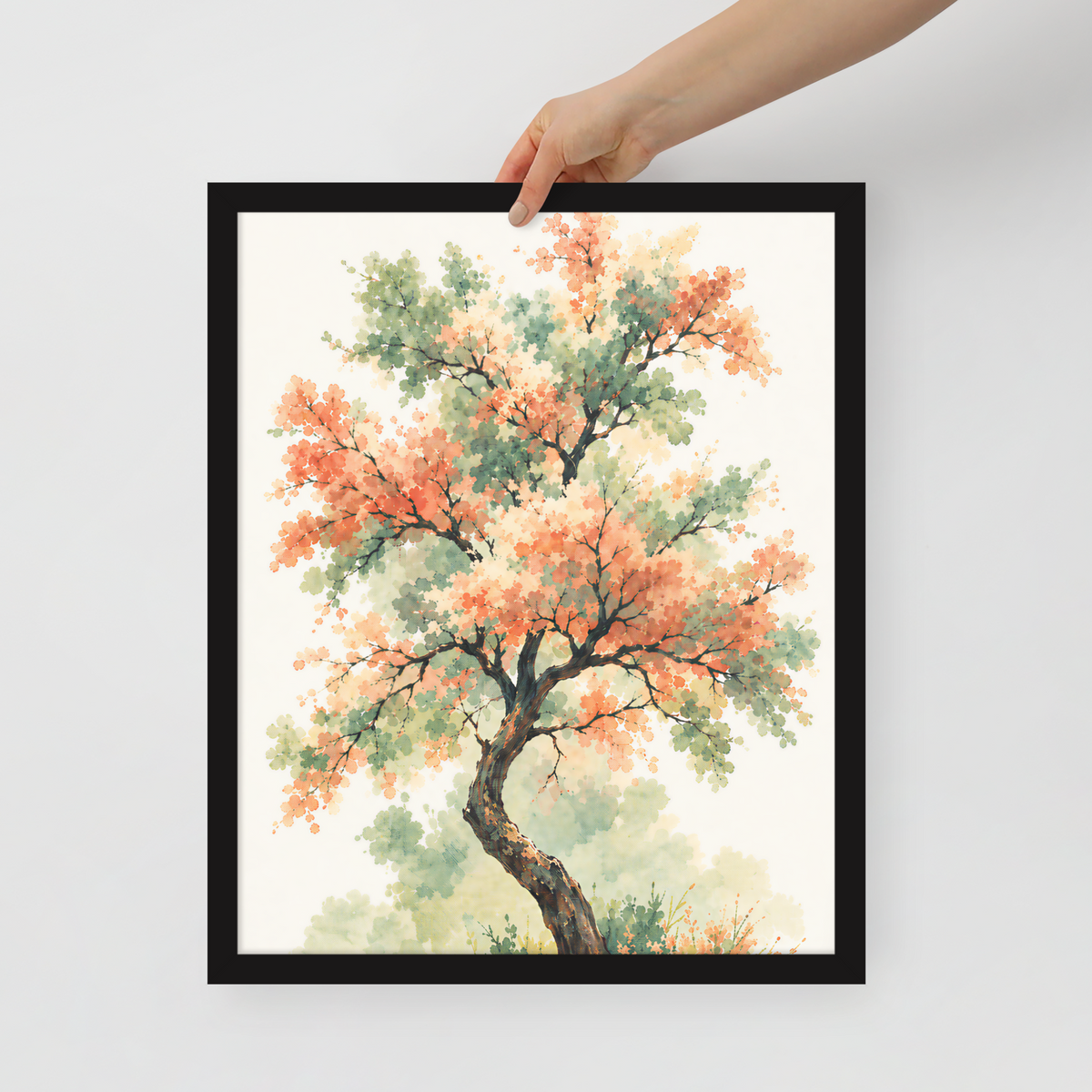 Watercolor painting of a blossoming tree with coral and sage green leaves, twisting trunk in a quiet meadow, framed wall art print ready to hang, JMTR Jeometry Store