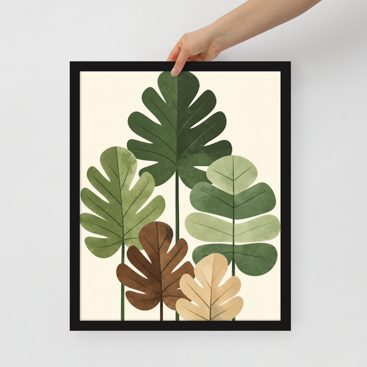 Illustrated fig leaves in shades of green, brown and gold with textured paper-like finish, framed wall art print ready to hang, JMTR Jeometry Store