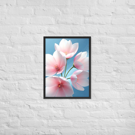 Soft pink floral wall art poster with tulip buds, framed matte paper print for modern home decor.
