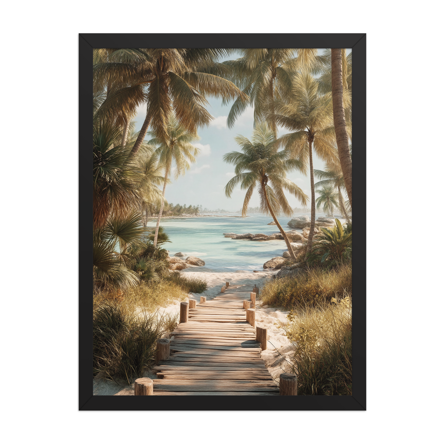 Wooden boardwalk path through tropical palm trees 
leading to calm turquoise beach, framed wall art print, 
black frame, JMTR Jeometry Store