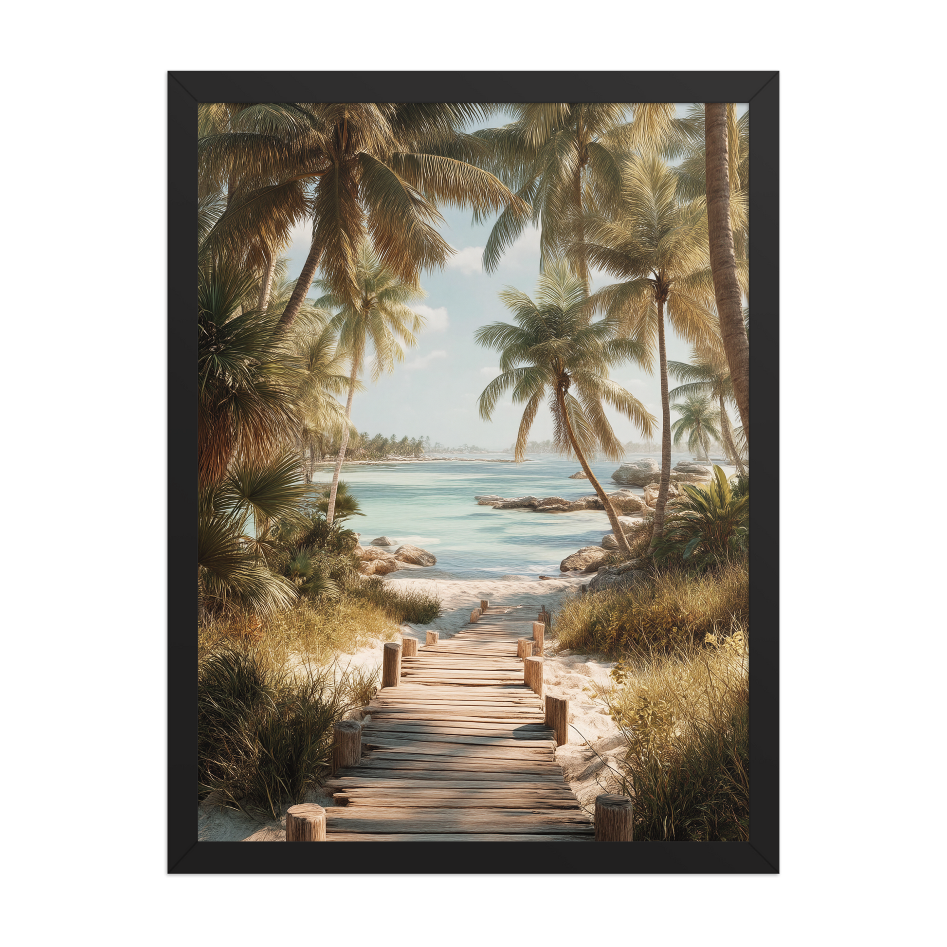 Wooden boardwalk path through tropical palm trees 
leading to calm turquoise beach, framed wall art print, 
black frame, JMTR Jeometry Store