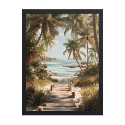 Wooden boardwalk path through tropical palm trees 
leading to calm turquoise beach, framed wall art print, 
black frame, JMTR Jeometry Store